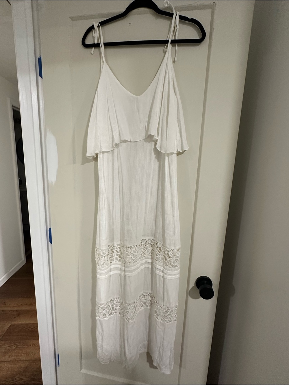 Bohemian White Lace-Trim Maxi Dress with Flutter Bodice